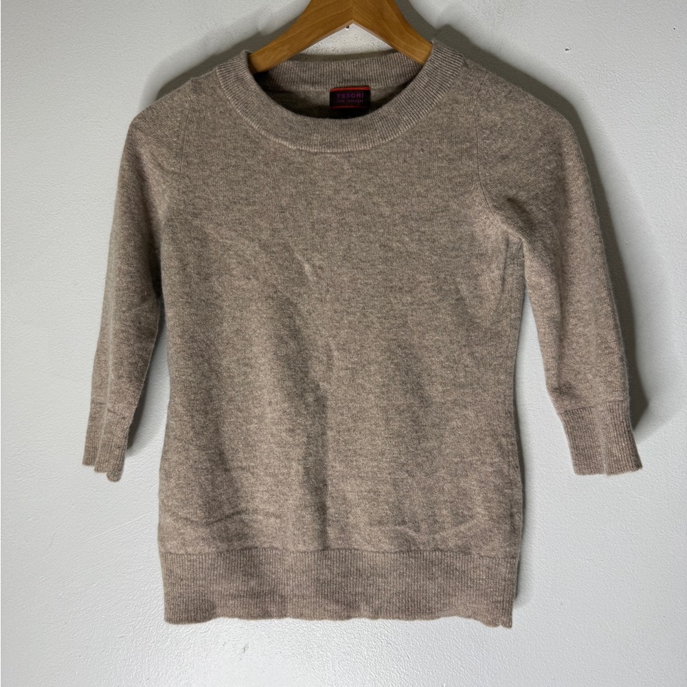 Tesori Tan Cashmere Sweater Crew Neck 3/4 Sleeve Length Medium‎